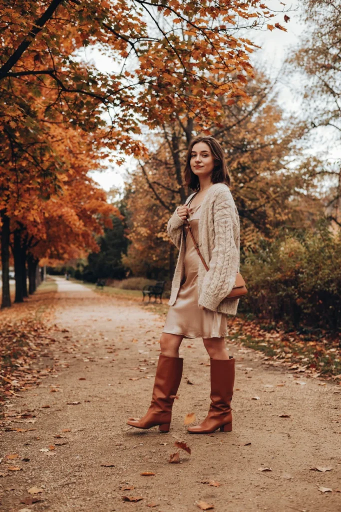Autumn Layering Outfit Cardigan Over Slip Dress