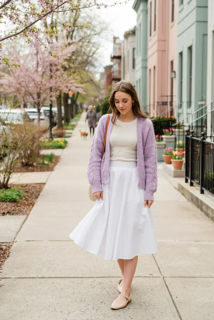 Early Spring Outfit Ideas Cardigan and Midi Skirt