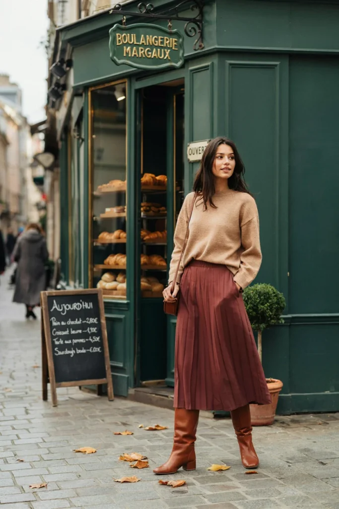 Cashmere Sweater with Pleated Midi Skirt