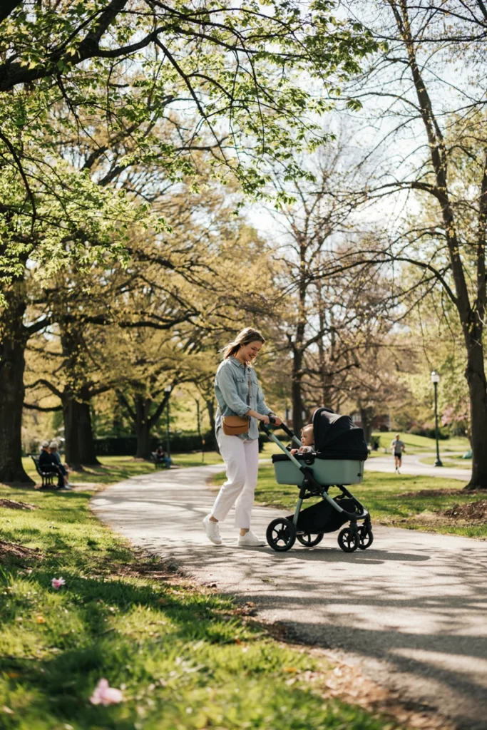 Fashionable Spring Mom Outfits Chambray Shirt and White Jeans for Effortless Playground Style