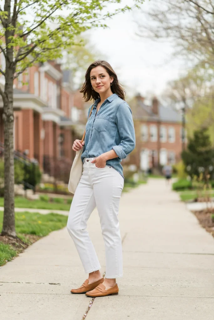 Chambray Shirt with White Jeans