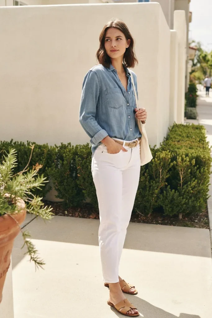  Chambray Shirt with White Jeans