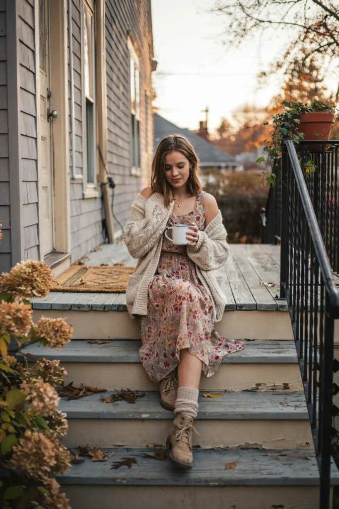 Chunky Cardigan Over Midi Dress