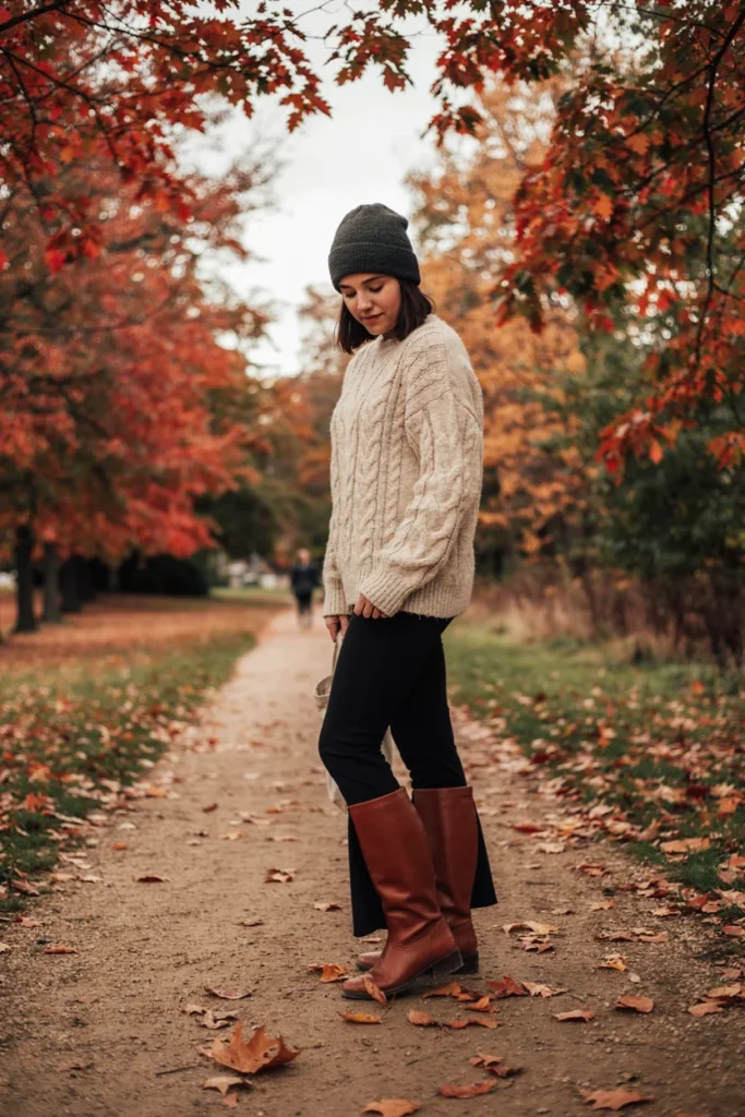 Chunky Sweater with Black Flared Leggings
