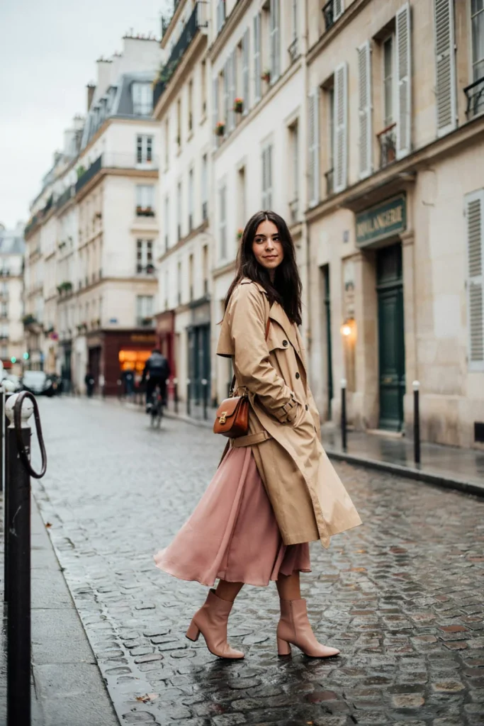 Classic Trench Coat Over Midi Dress