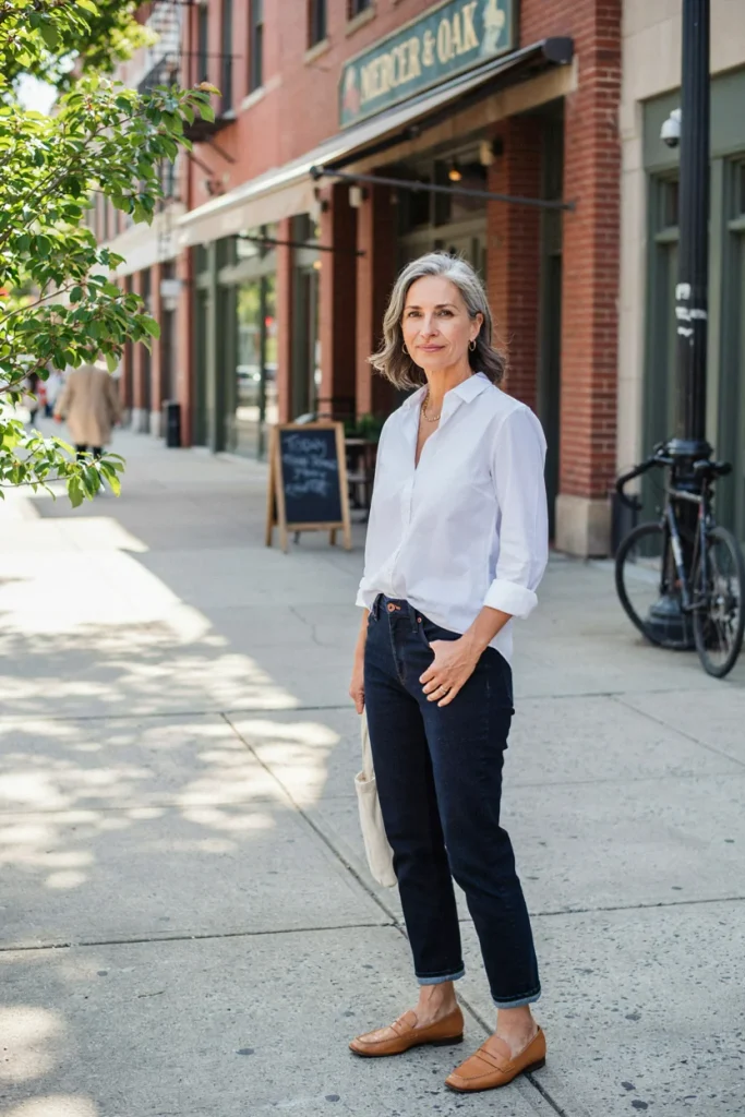 Classic White Button-Down with Dark Denim