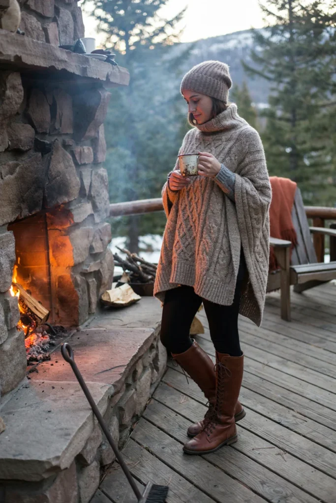 Cozy Knit Poncho with Flared Leggings