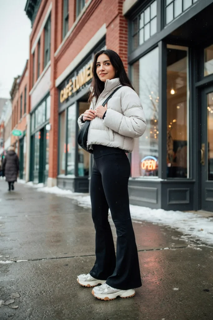Cropped Puffer Jacket with Flared Leggings