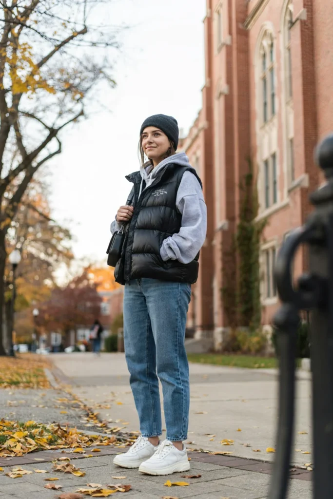 Cropped Puffer Vest Over Hoodie