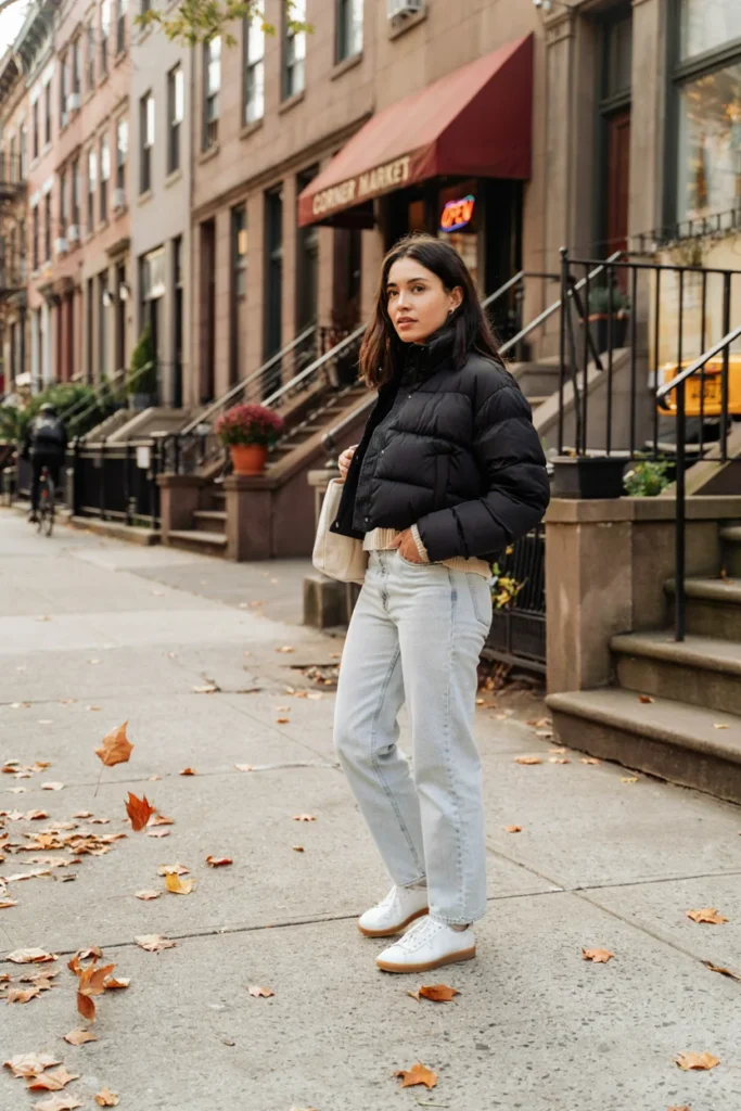 Cropped Puffer with High-Waisted Jeans