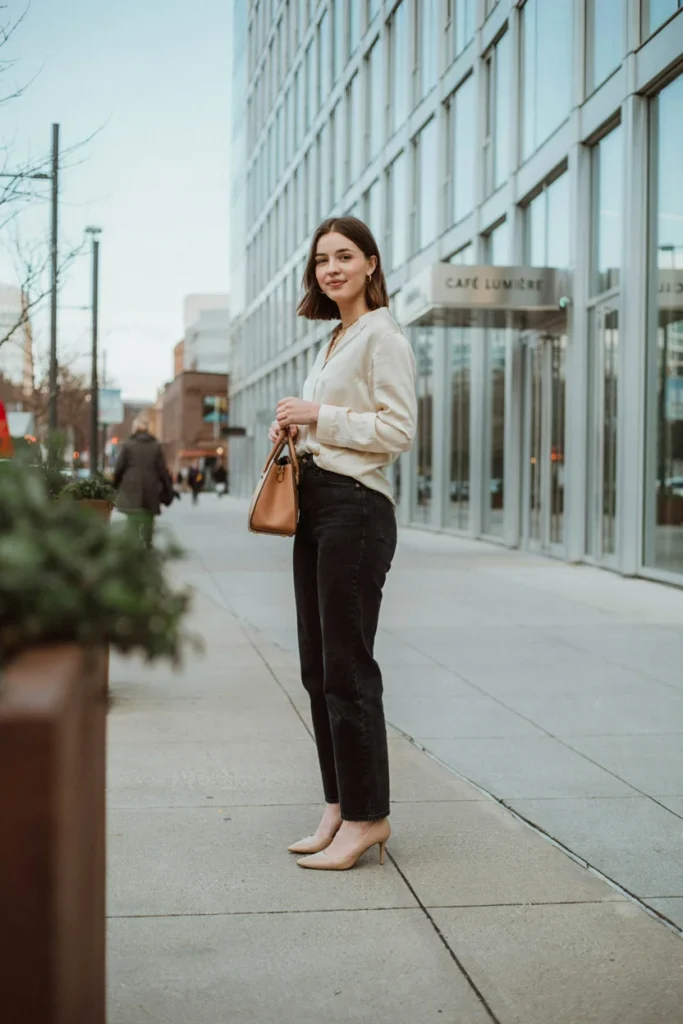 Dark Wash Jeans with Silk Blouse