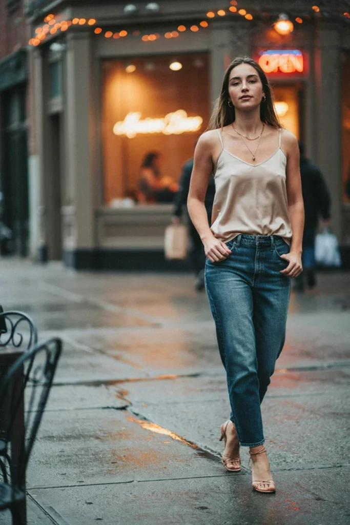 Dark Wash Jeans with Silk Camisole
