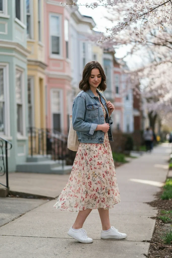 Denim Jacket with Floral Dress