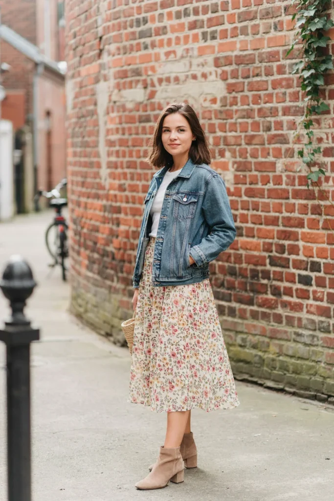 Denim Jacket with Printed Midi Skirt