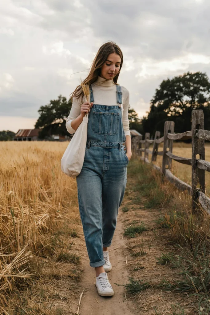 Denim Overalls Over Turtleneck