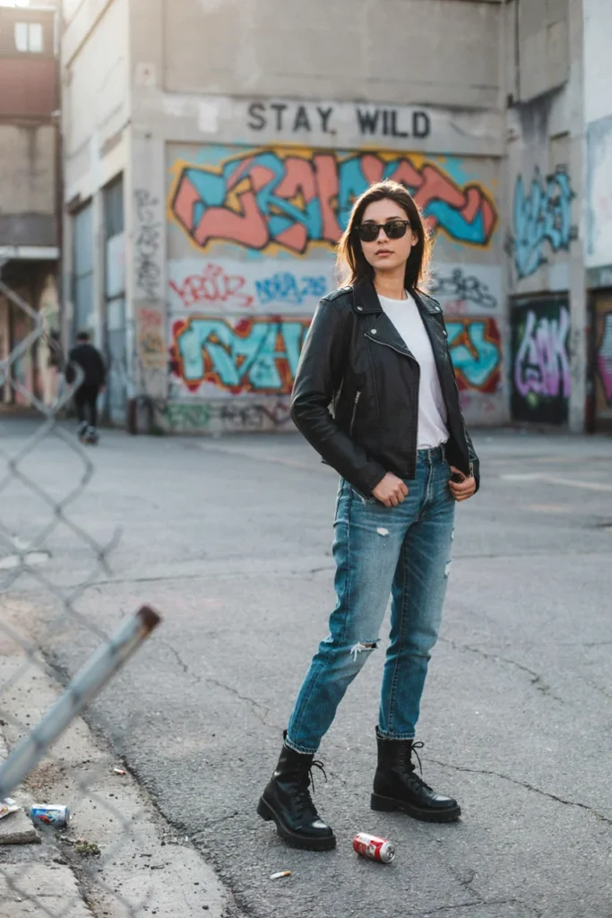 Distressed Jeans with Leather Jacket