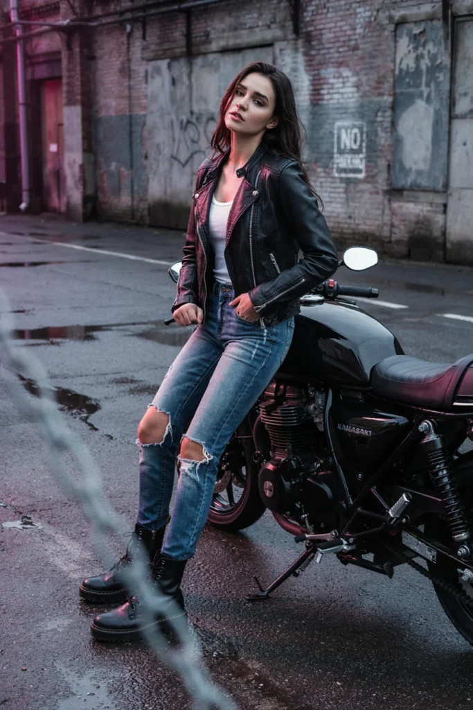 Distressed Jeans with Leather Jacket