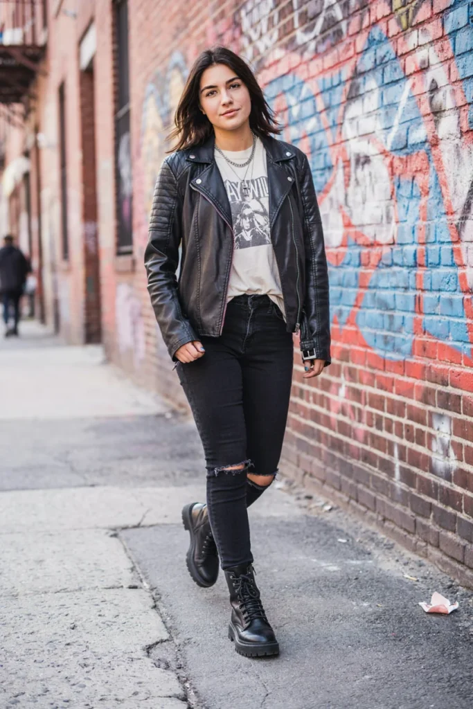 Distressed Skinny Jeans with Leather Jacket