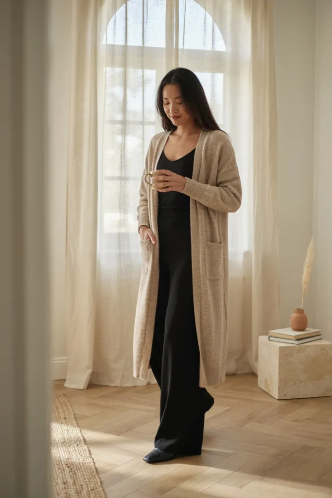 Draped Cardigan with Wide-Leg Pants