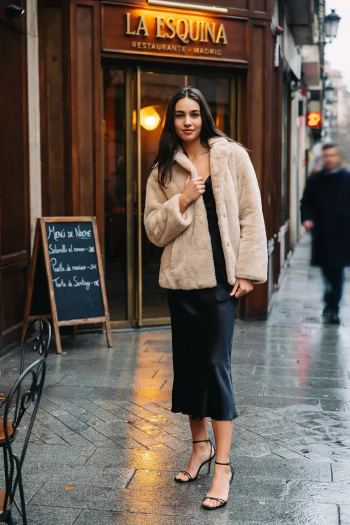 Faux Fur Coat and Slip Dress for Glamorous Evening Style