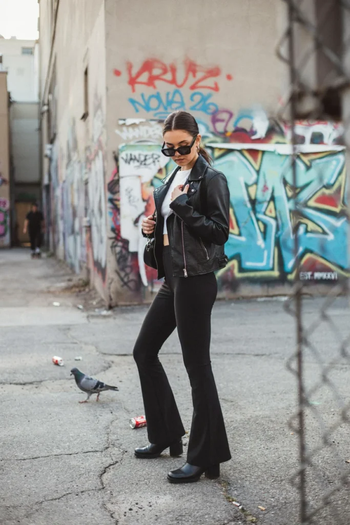Faux Leather Jacket with Flared Leggings