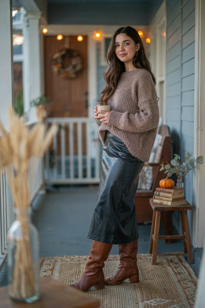  Faux Leather Skirt and Sweater
