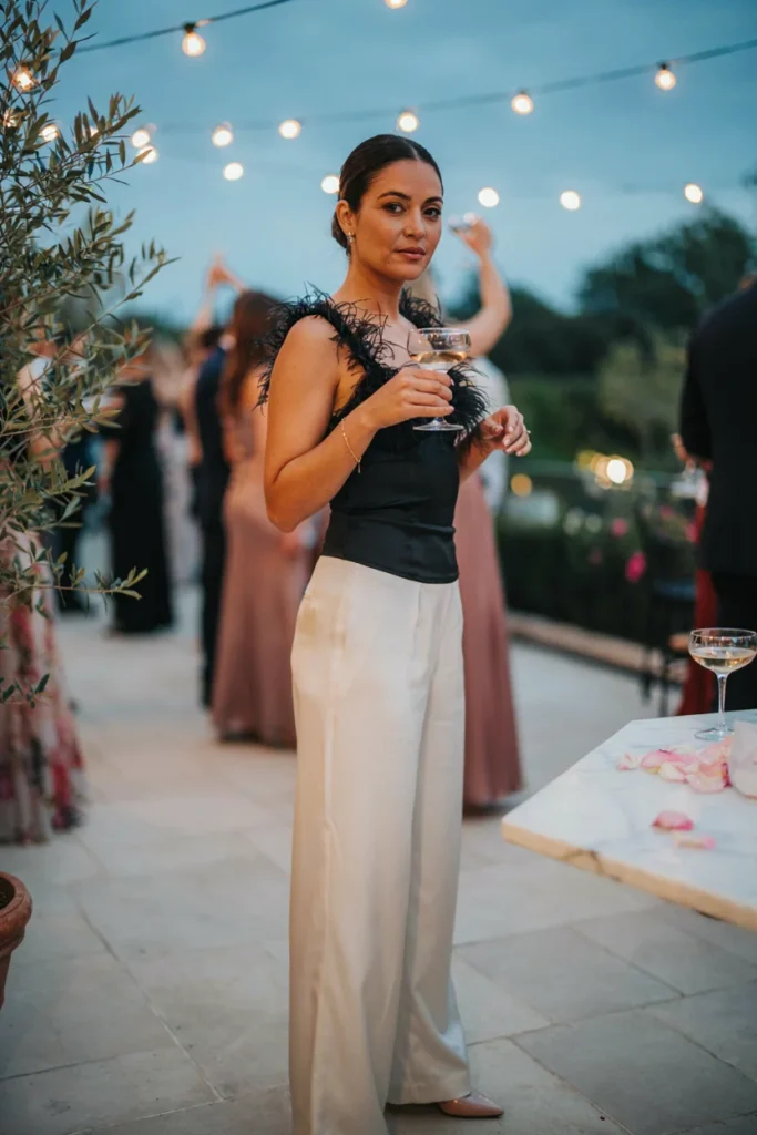 Feather-Trim Top with Trousers for Glamorous Contrast