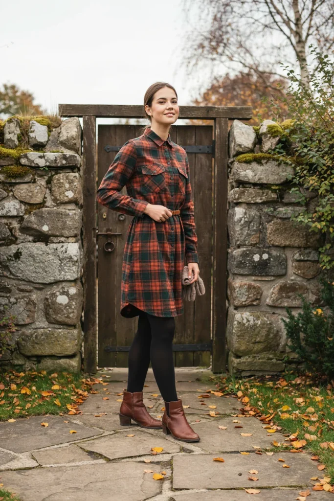 Flannel Shirt Dress with Tights