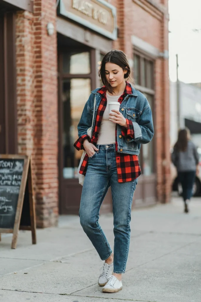  Flannel Shirt Layered Under Denim Jacket