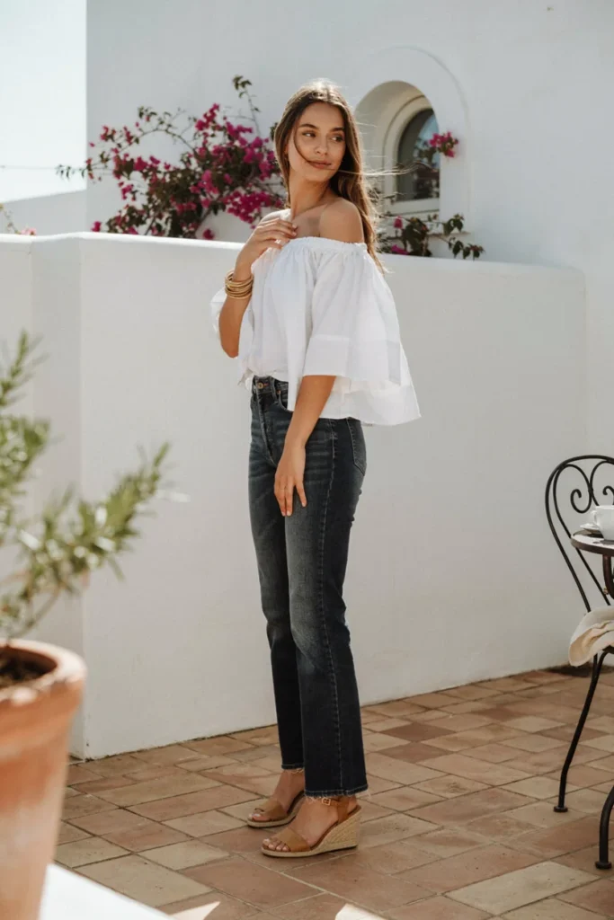 Flare Jeans with Off-Shoulder Top