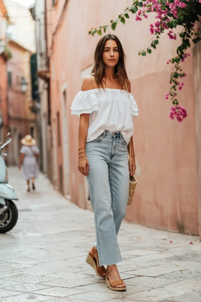 Flare Jeans with Off-Shoulder Top