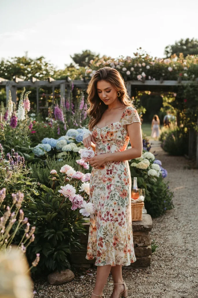 Floral Midi Dress with Block Heels for Garden Party Charm