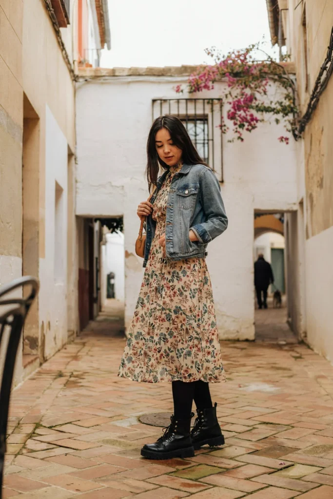 Floral Midi Dress with Tights and Boots for Winter Romance