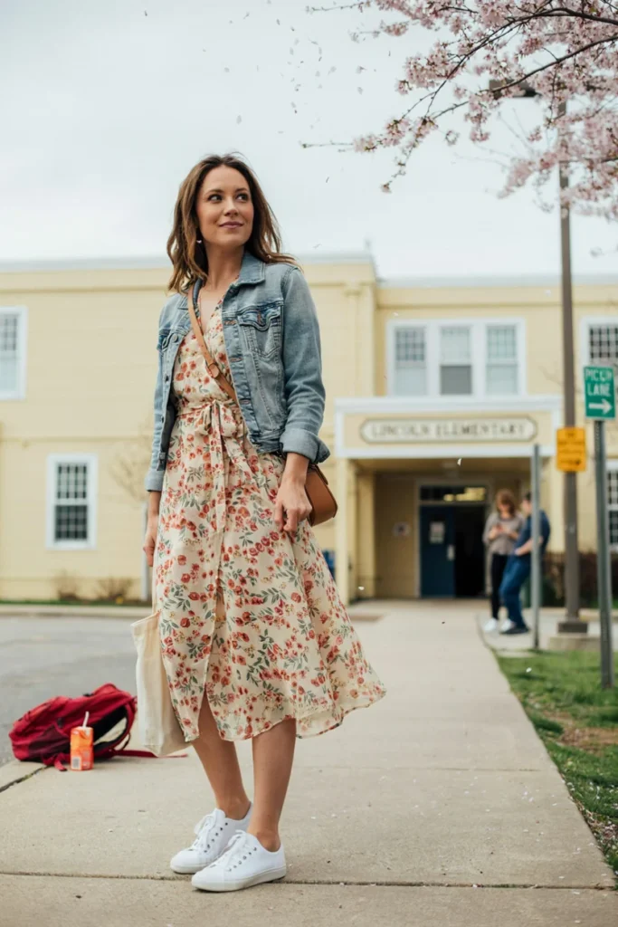 Floral Wrap Dress with Denim Jacket for School Pickup