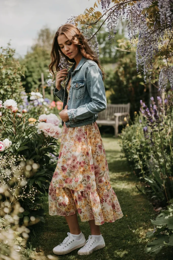 Cute Spring Outfits for Women Flowy Floral Midi Dress with Denim Jacket