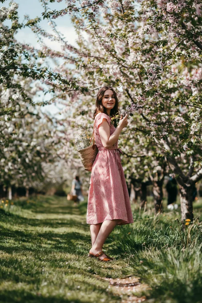  Gingham Dress with Woven Bag