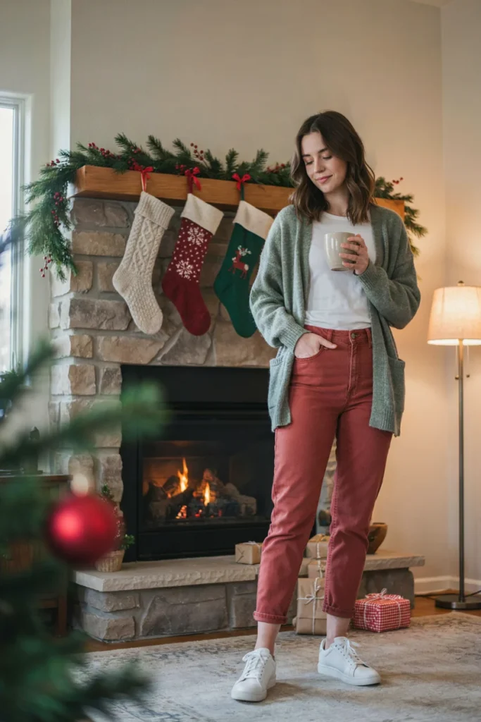 Green Cardigan and Red Jeans