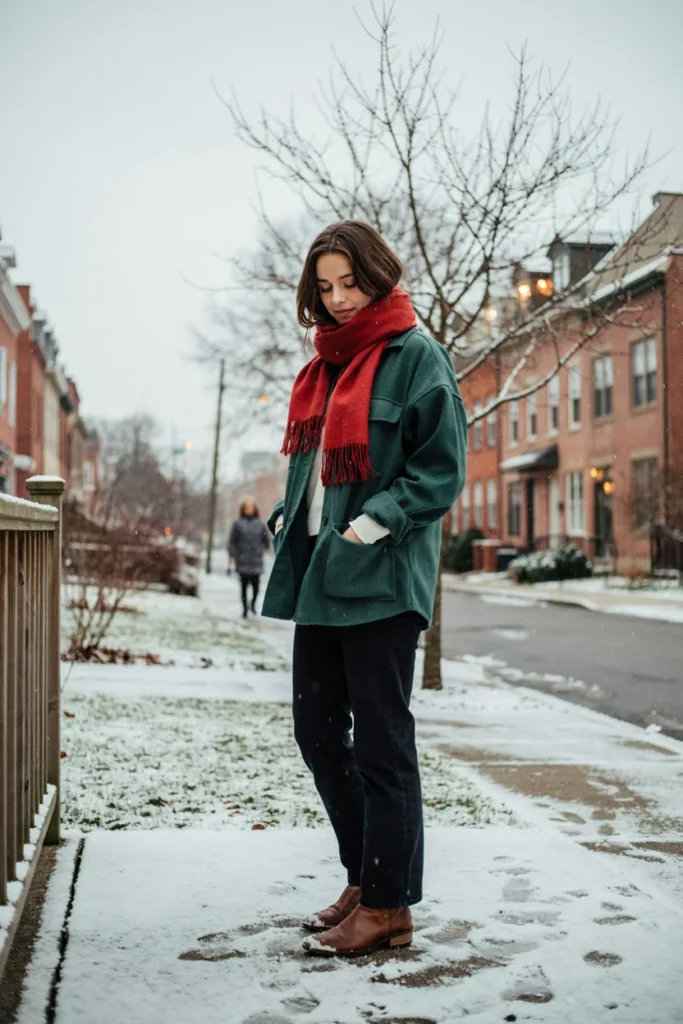 Green Flannel with Red Scarf