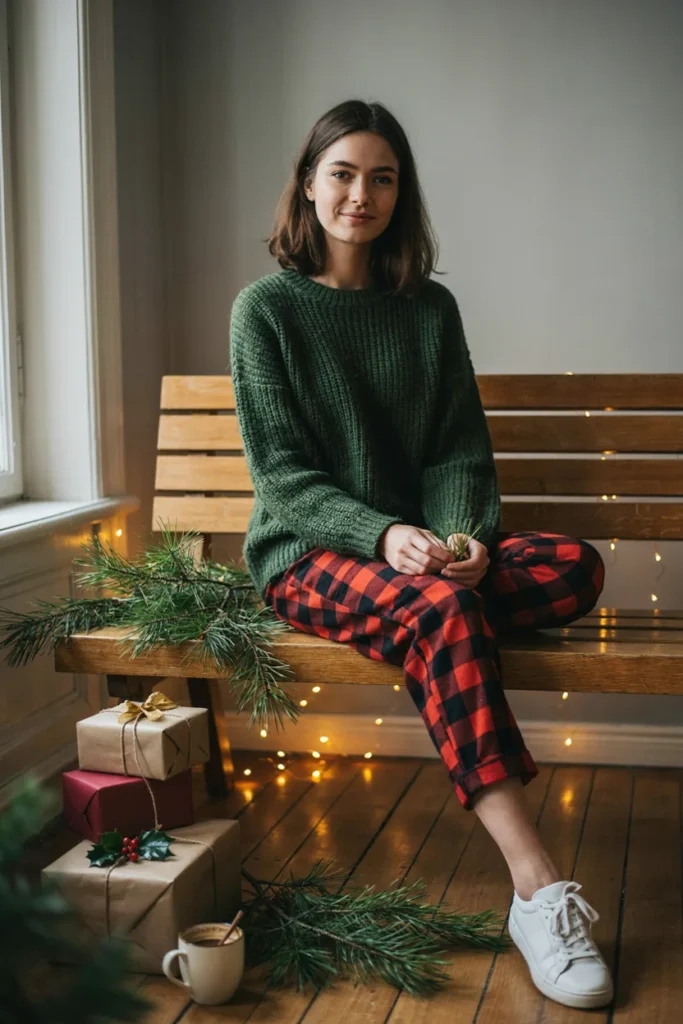 Green Knit Sweater with Red Plaid Pants