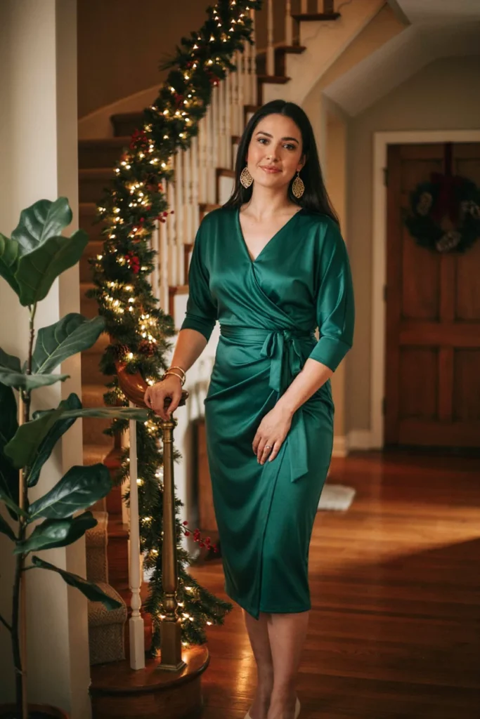 Green Wrap Dress with Statement Earrings