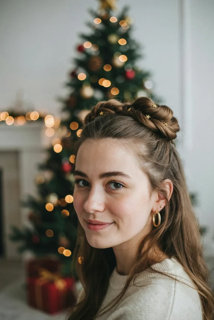 Easy Updos for Christmas Half-Up Twisted Crown