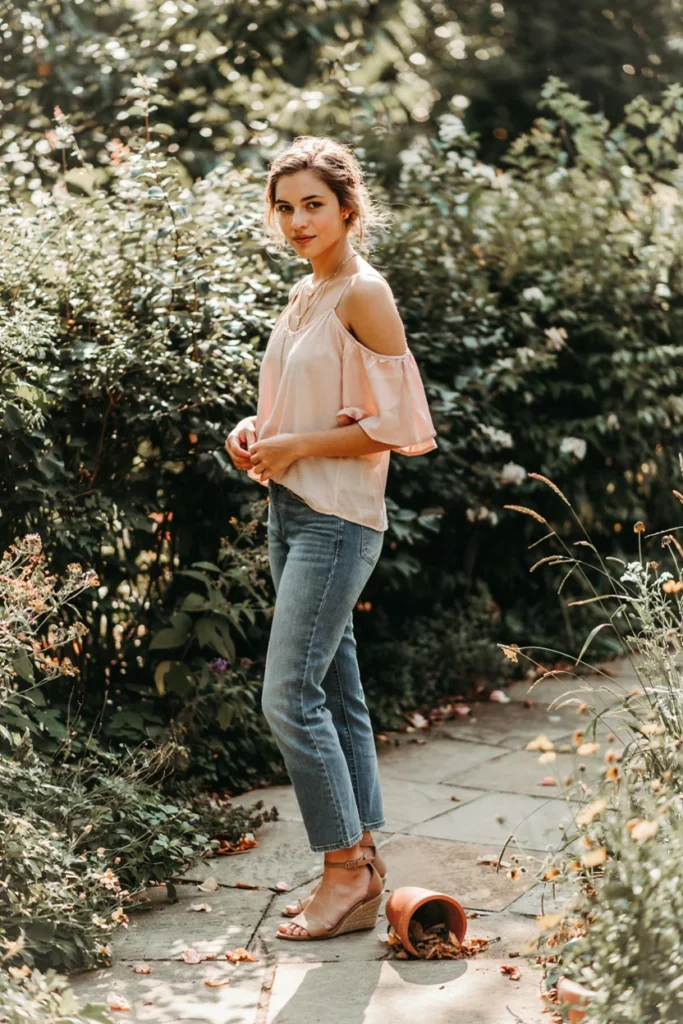 High-Waisted Jeans with Off-Shoulder Top