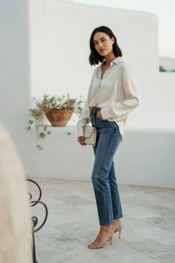High-Waisted Jeans with Satin Blouse