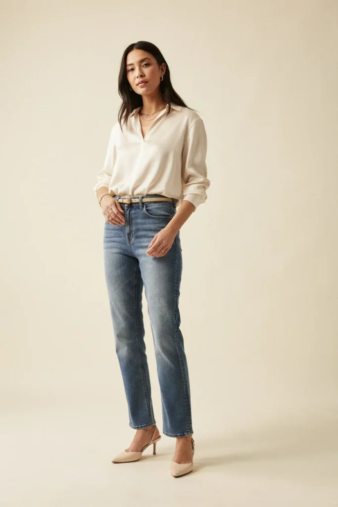 High-Waisted Jeans with Tucked-In Blouse