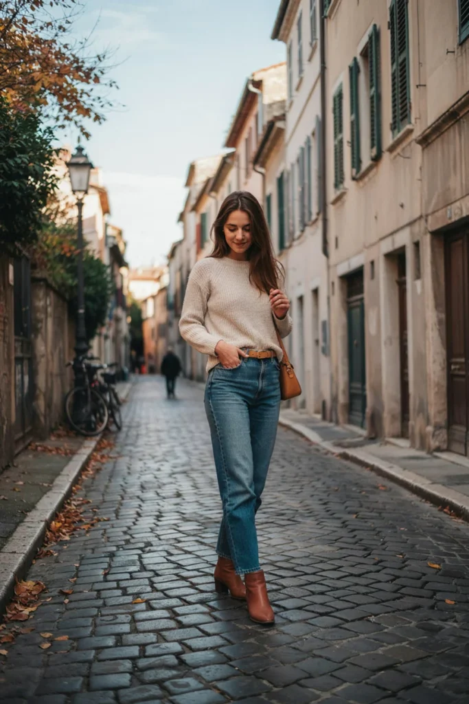 High-Waisted Jeans with Tucked Sweater
