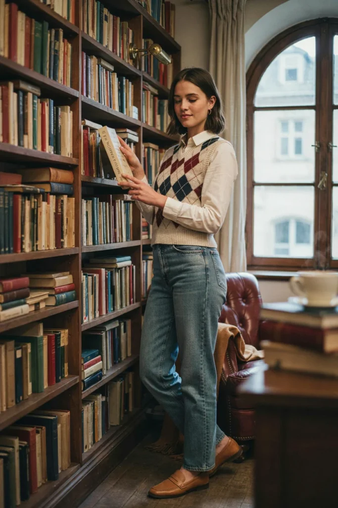 High-Waisted Jeans with Tucked Sweater Vest