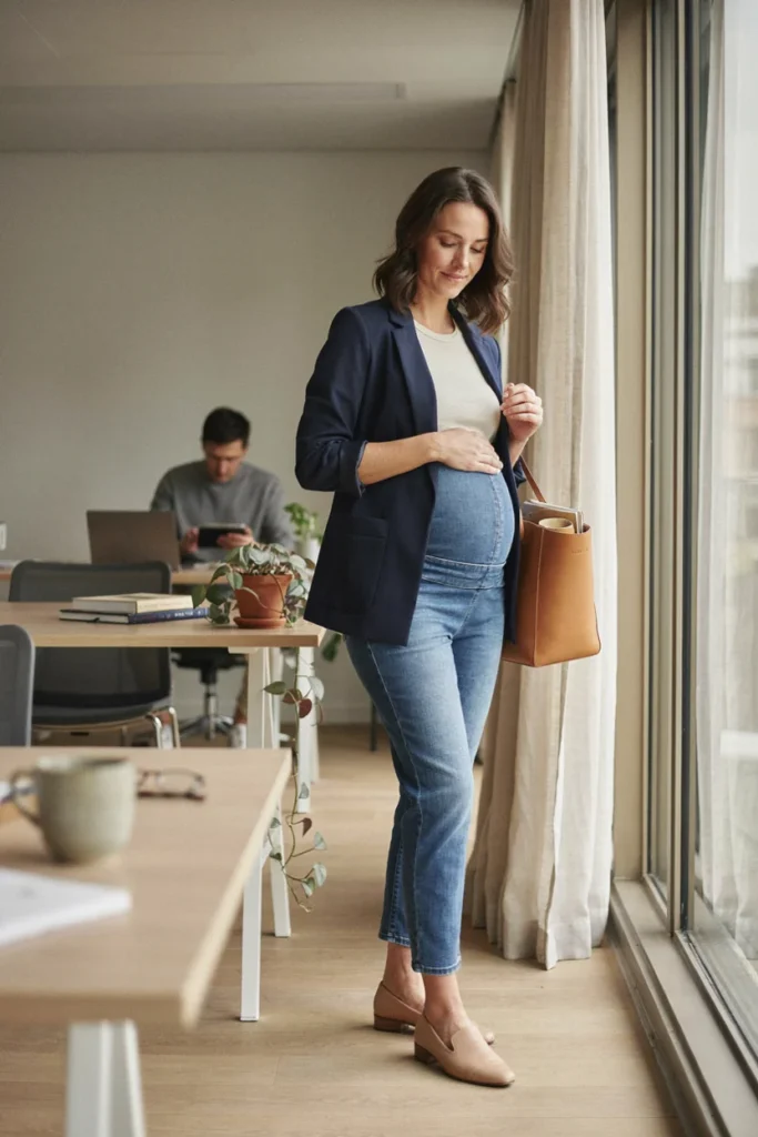 High-Waisted Maternity Jeans with Blazer