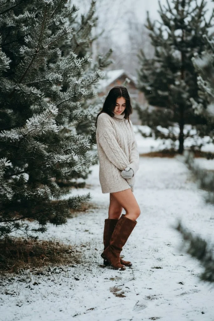 Ivory Sweater Dress with Boots