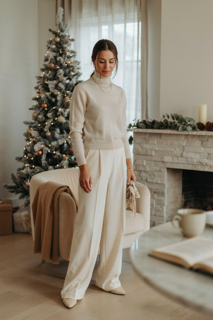 Ivory Turtleneck with Wide-Leg Trousers