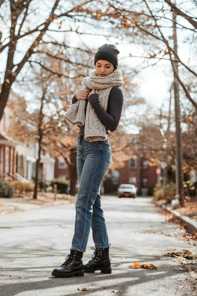 Jeans with Chunky Knit Scarf